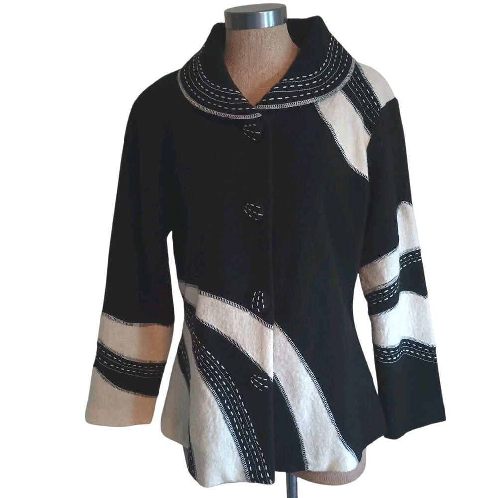 NorthStyle BLAZER Sz L Black White Boiled Wool Art to Wear Lagenlook Artsy